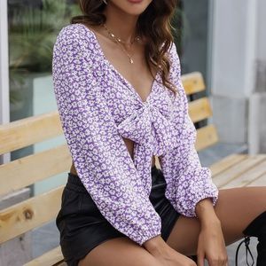 Top Crop Ditsy Floral Print Tie Front blou…